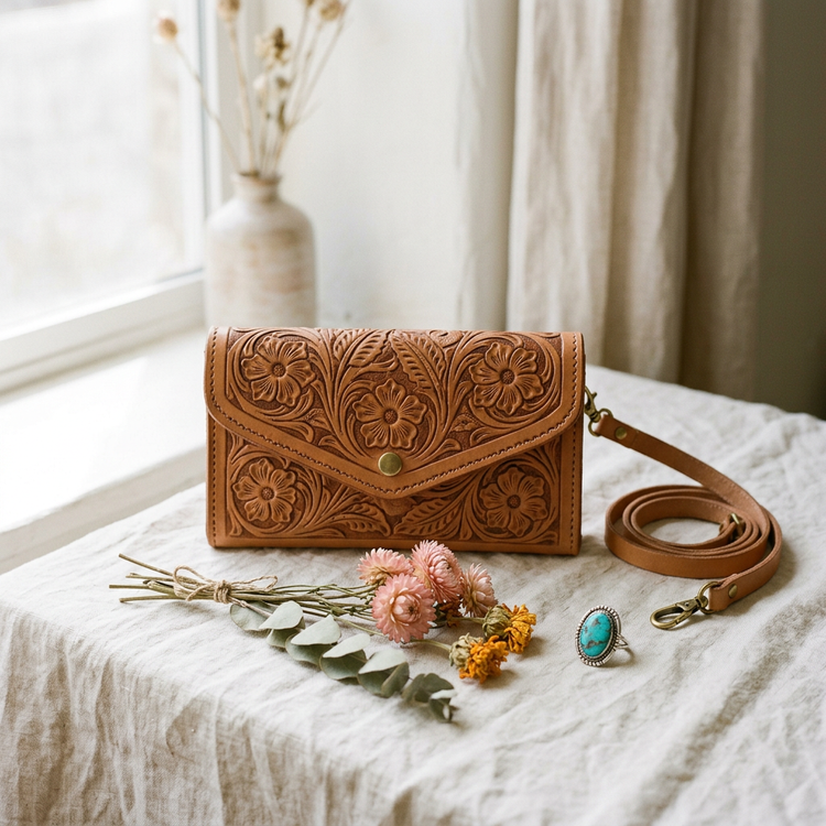 Hand-tooled leather clutch bag