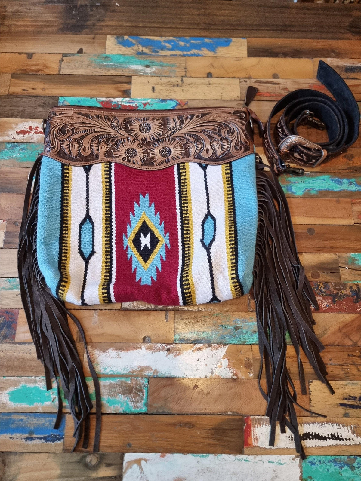 Aztec carpet crossbody bag, western tooled leather purse, woven native american blanket