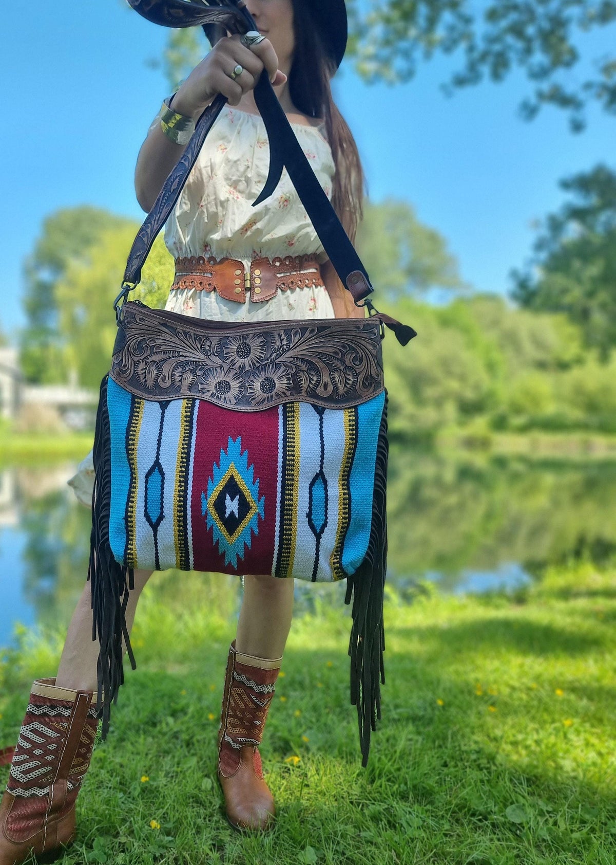 Aztec carpet crossbody bag, western tooled leather purse, woven native american blanket