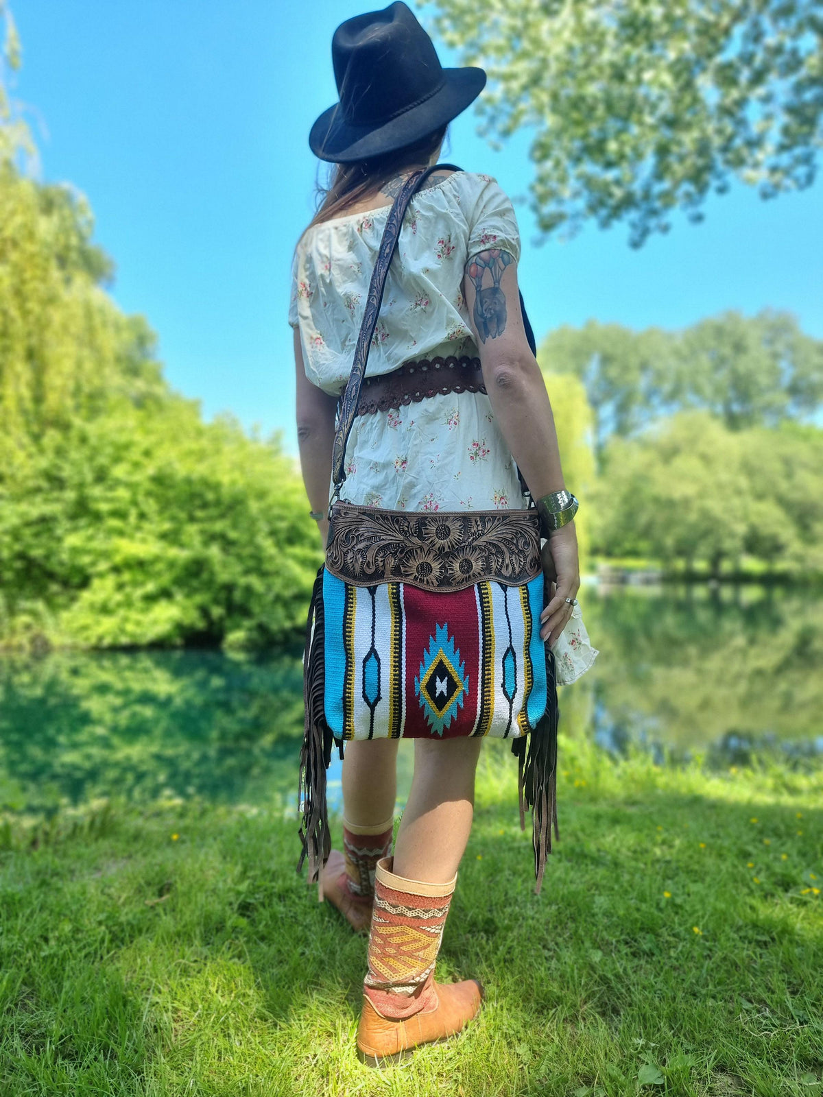 Aztec carpet crossbody bag, western tooled leather purse, woven native american blanket