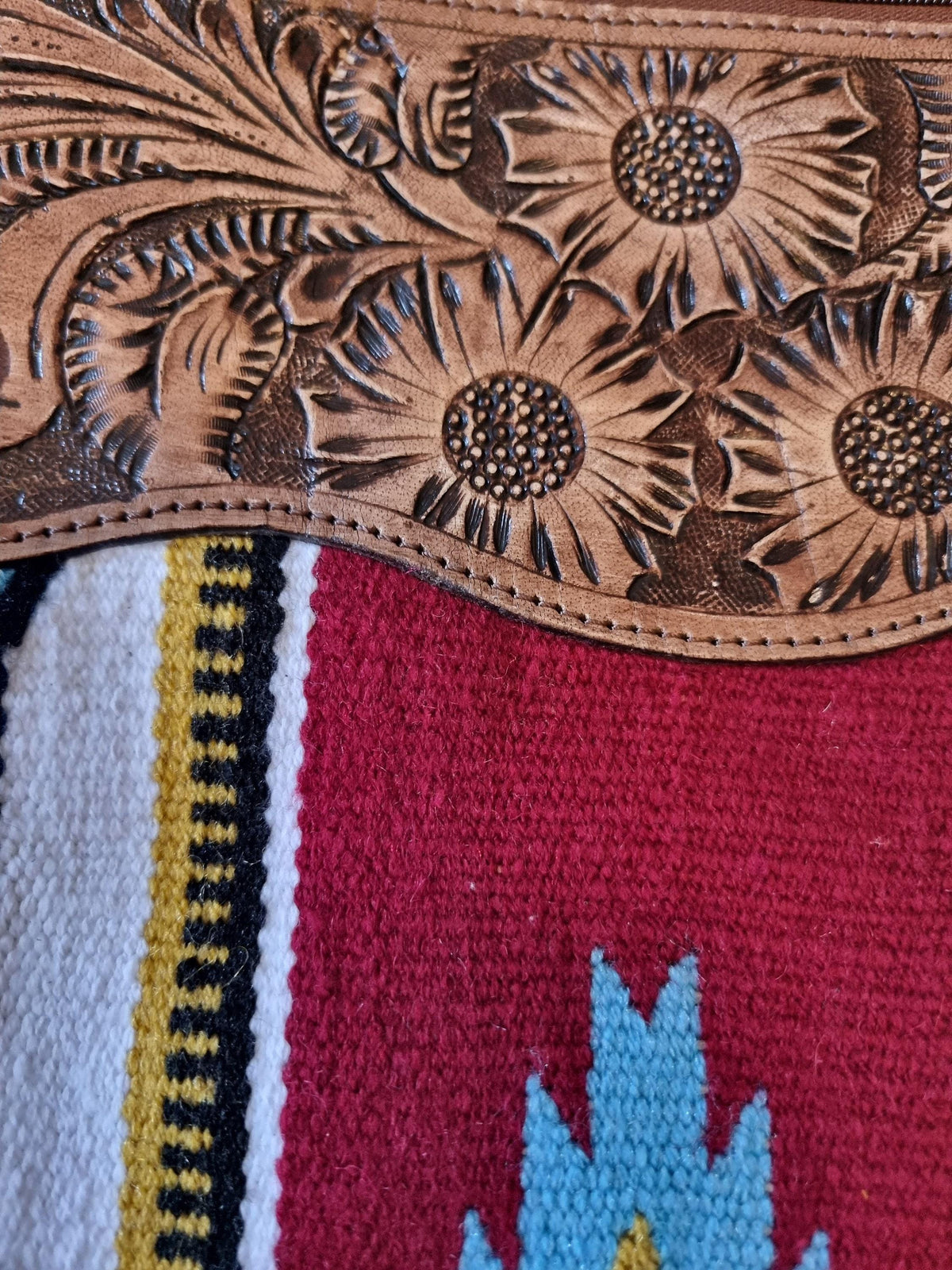 Aztec carpet crossbody bag, western tooled leather purse, woven native american blanket
