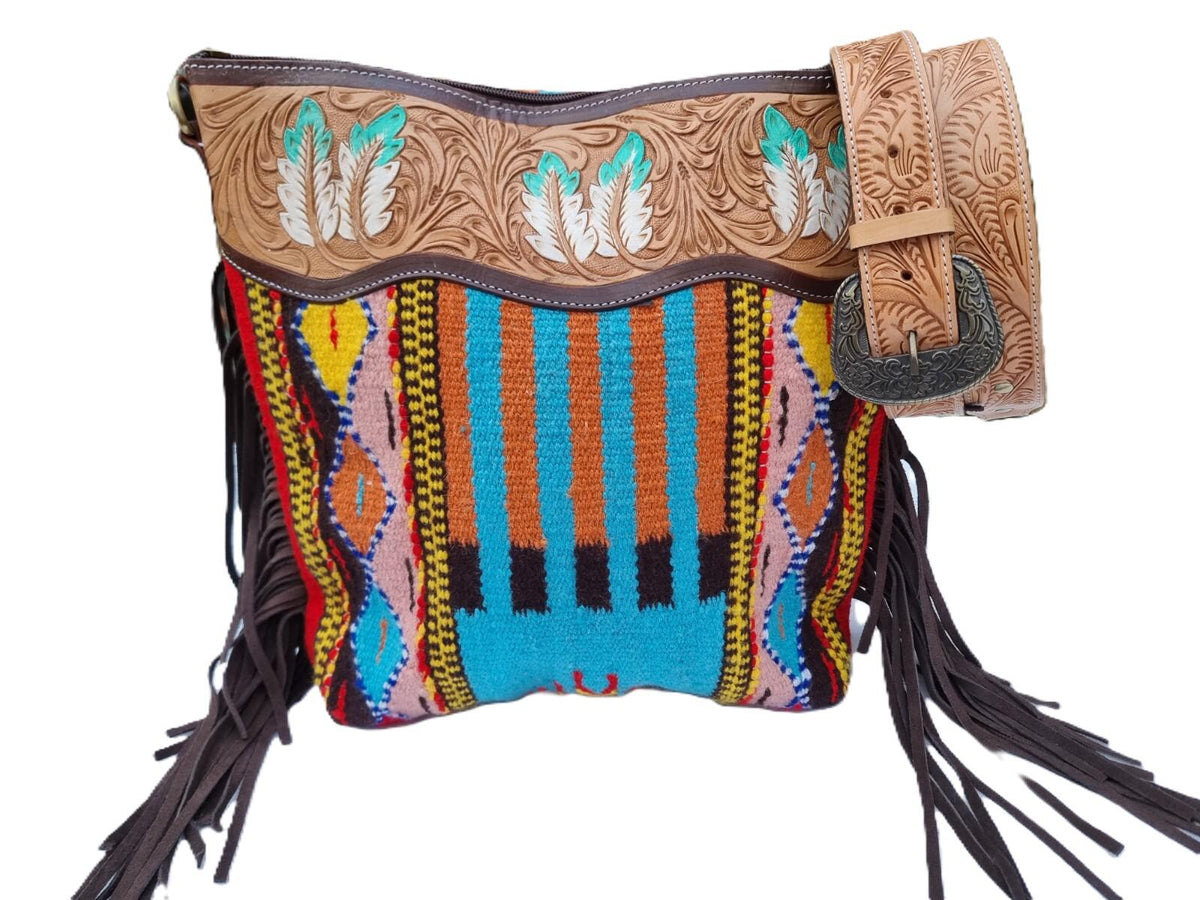 Feather Tooled Leather Crossbody Bag: Aztec Blanket, Western Cowgirl Purse