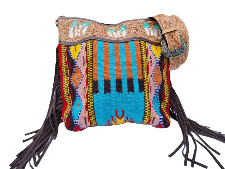 Feather Tooled Leather Crossbody Bag: Aztec Blanket, Western Cowgirl Purse
