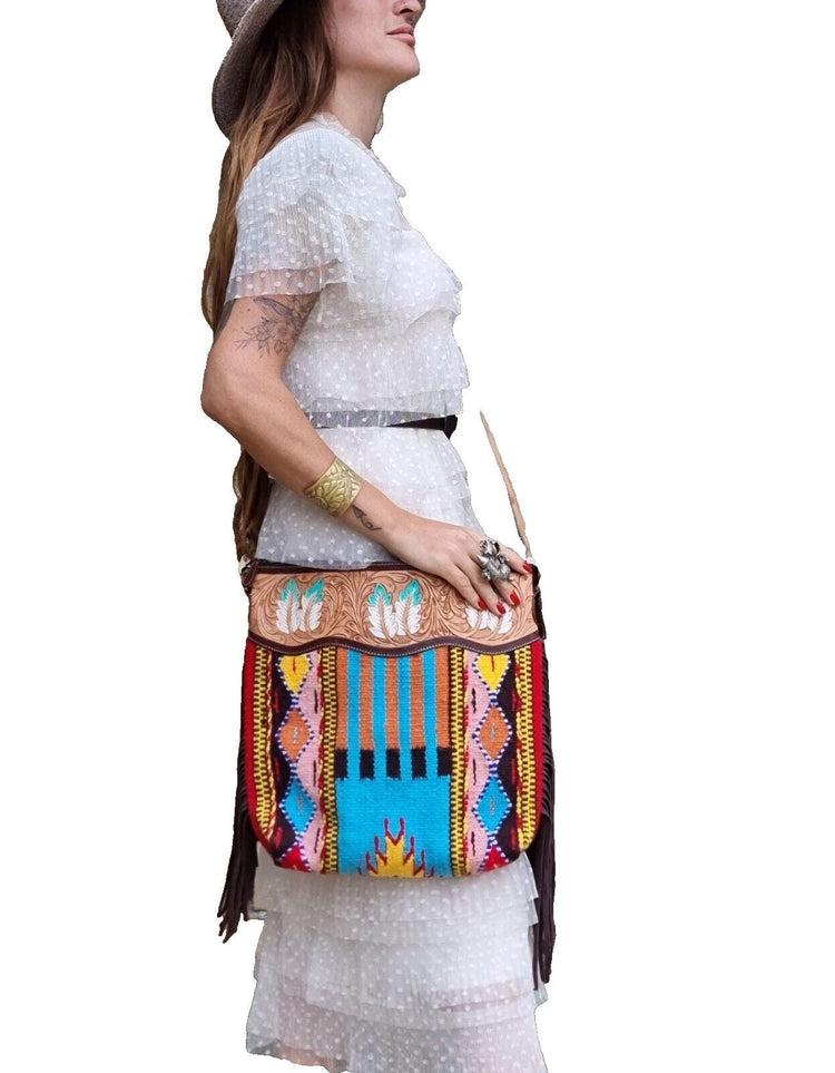 Feather Tooled Leather Crossbody Bag: Aztec Blanket, Western Cowgirl Purse