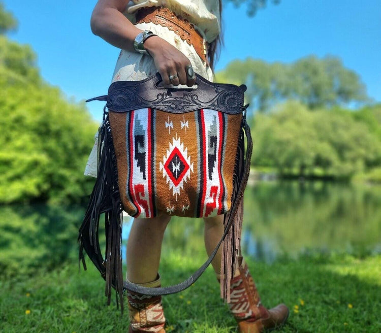 Large Western Leather Fringe Bag – Hand Tooled Crossbody Purse, Aztec Blanket Handbag, Cowgirl Shoulder Bag with Detachable Strap