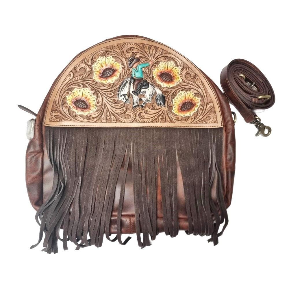 Western Leather Fringe Purse, Hand Tooled Sunflower Cowgirl Bag, Rodeo Horse Crossbody, Southwestern Boho Leather Handbag, Festival Bag