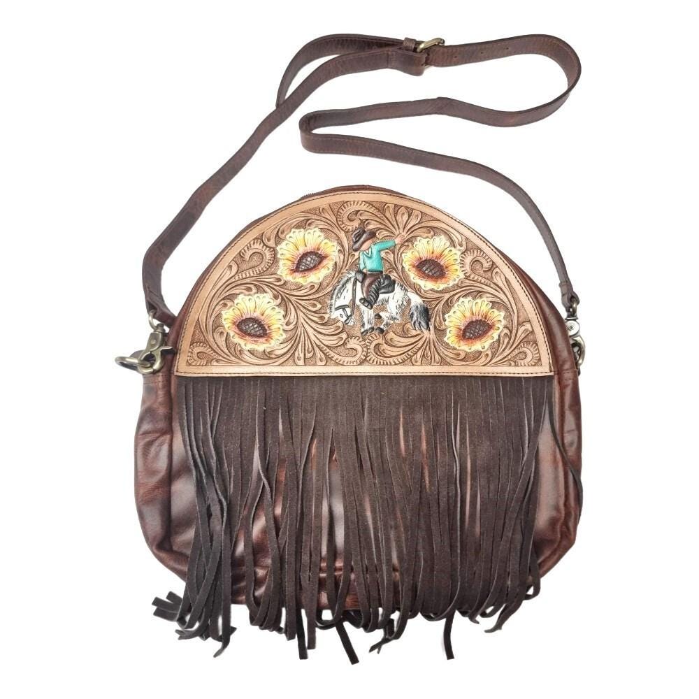 Western Leather Fringe Purse, Hand Tooled Sunflower Cowgirl Bag, Rodeo Horse Crossbody, Southwestern Boho Leather Handbag, Festival Bag