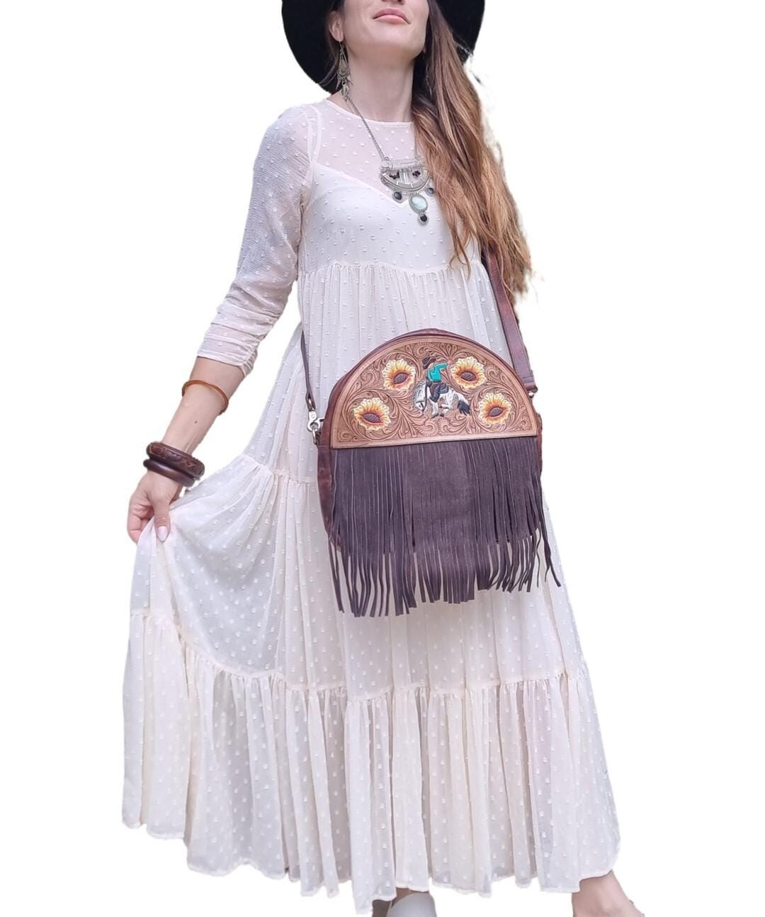 Western Leather Fringe Purse, Hand Tooled Sunflower Cowgirl Bag, Rodeo Horse Crossbody, Southwestern Boho Leather Handbag, Festival Bag