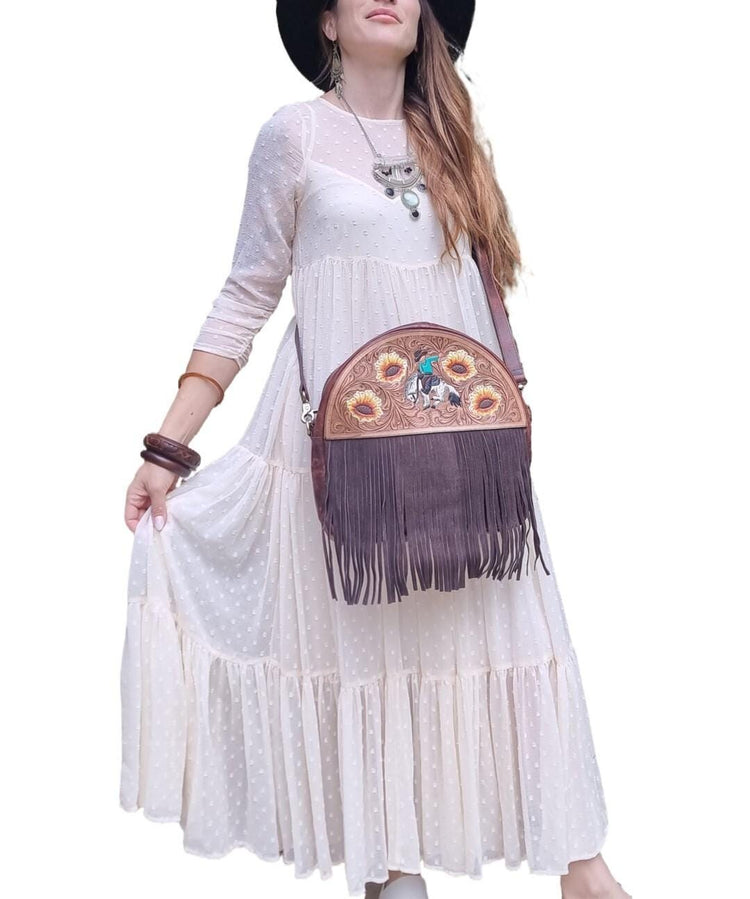 Western Leather Fringe Purse, Hand Tooled Sunflower Cowgirl Bag, Rodeo Horse Crossbody, Southwestern Boho Leather Handbag, Festival Bag