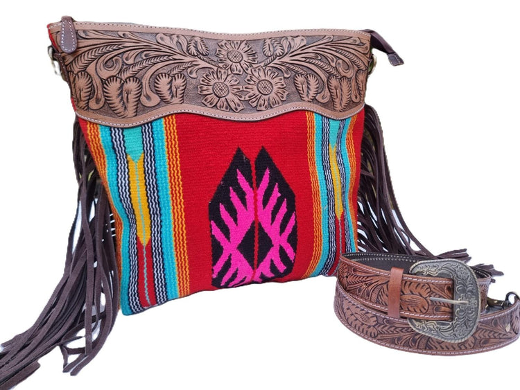 Aztec Carpet & Tooled Leather Fringe Bag: Western Tassel Crossbody