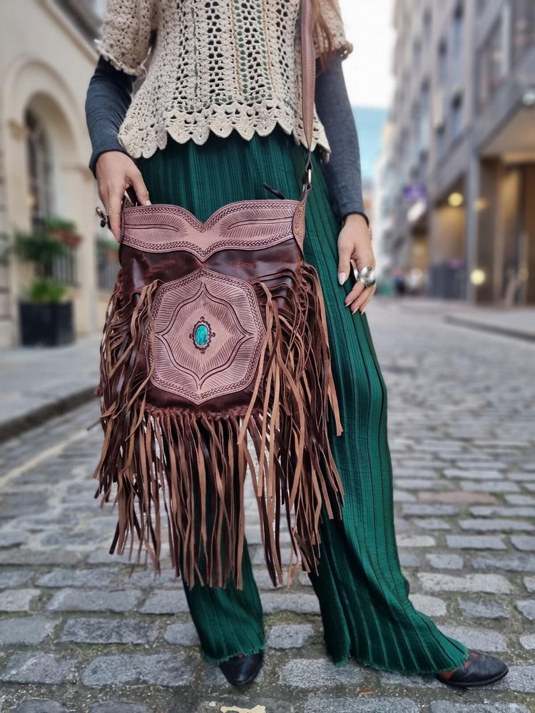 Extra Large Western Fringe Leather Bag / Turquoise Navajo Style Tooled Leather Purse Boho Festival Tassel Crossbody Shopper
