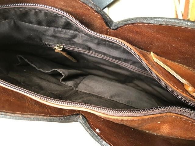 Extra Large Western Fringe Leather Bag / Turquoise Navajo Style Tooled Leather Purse Boho Festival Tassel Crossbody Shopper