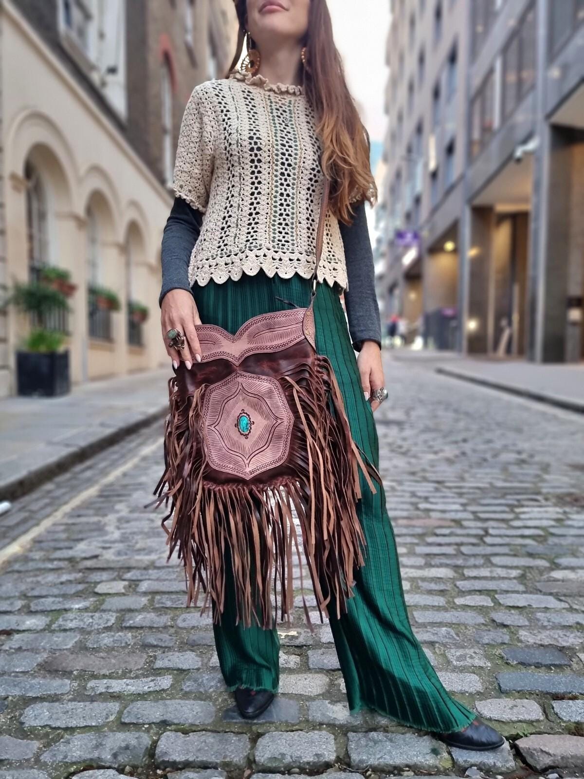 Extra Large Western Fringe Leather Bag / Turquoise Navajo Style Tooled Leather Purse Boho Festival Tassel Crossbody Shopper