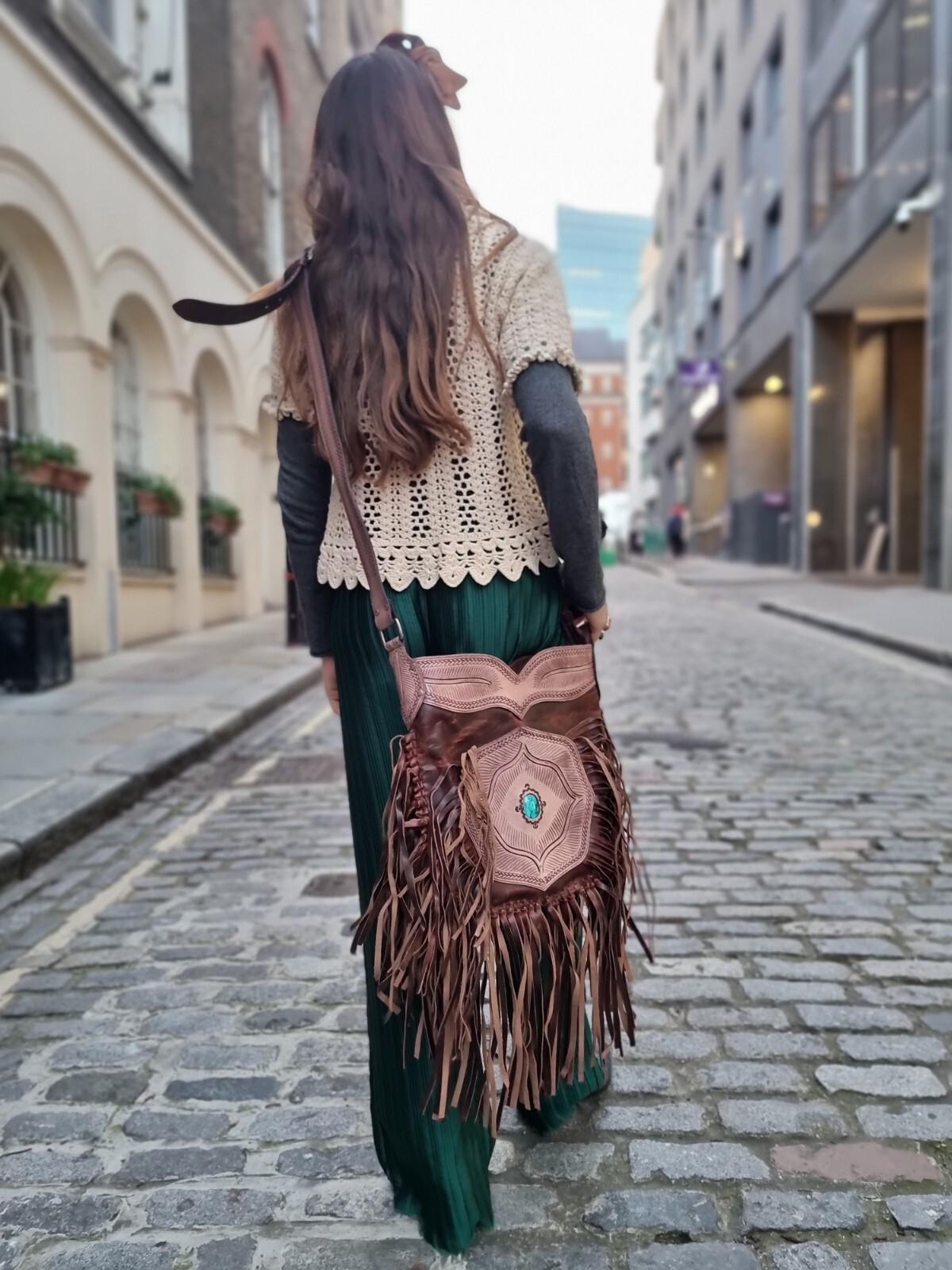 Extra Large Western Fringe Leather Bag / Turquoise Navajo Style Tooled Leather Purse Boho Festival Tassel Crossbody Shopper