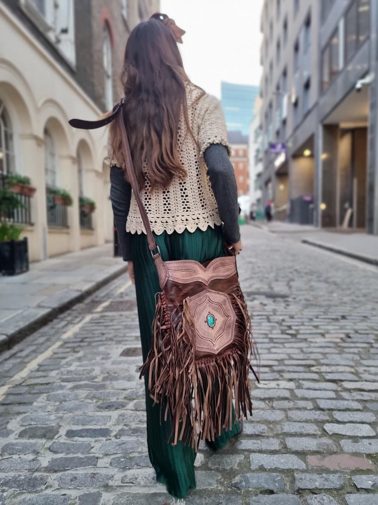 Extra Large Western Fringe Leather Bag / Turquoise Navajo Style Tooled Leather Purse Boho Festival Tassel Crossbody Shopper