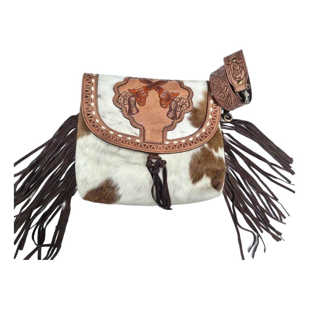 Tooled Leather Cowhide Crossbody Bag: Western Pistol Design with Fringe