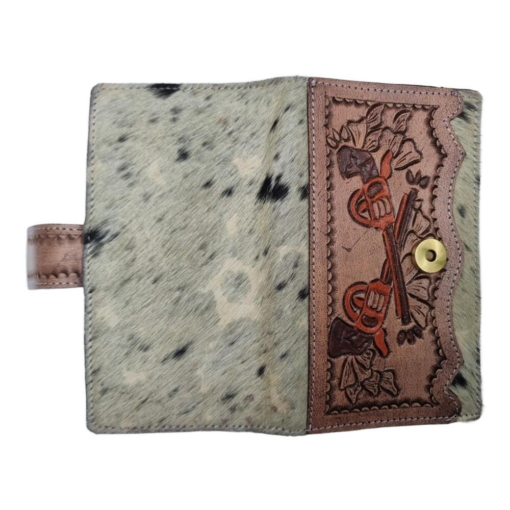 Tooled Leather Cowhide Crossbody Bag: Western Pistol Design with Fringe
