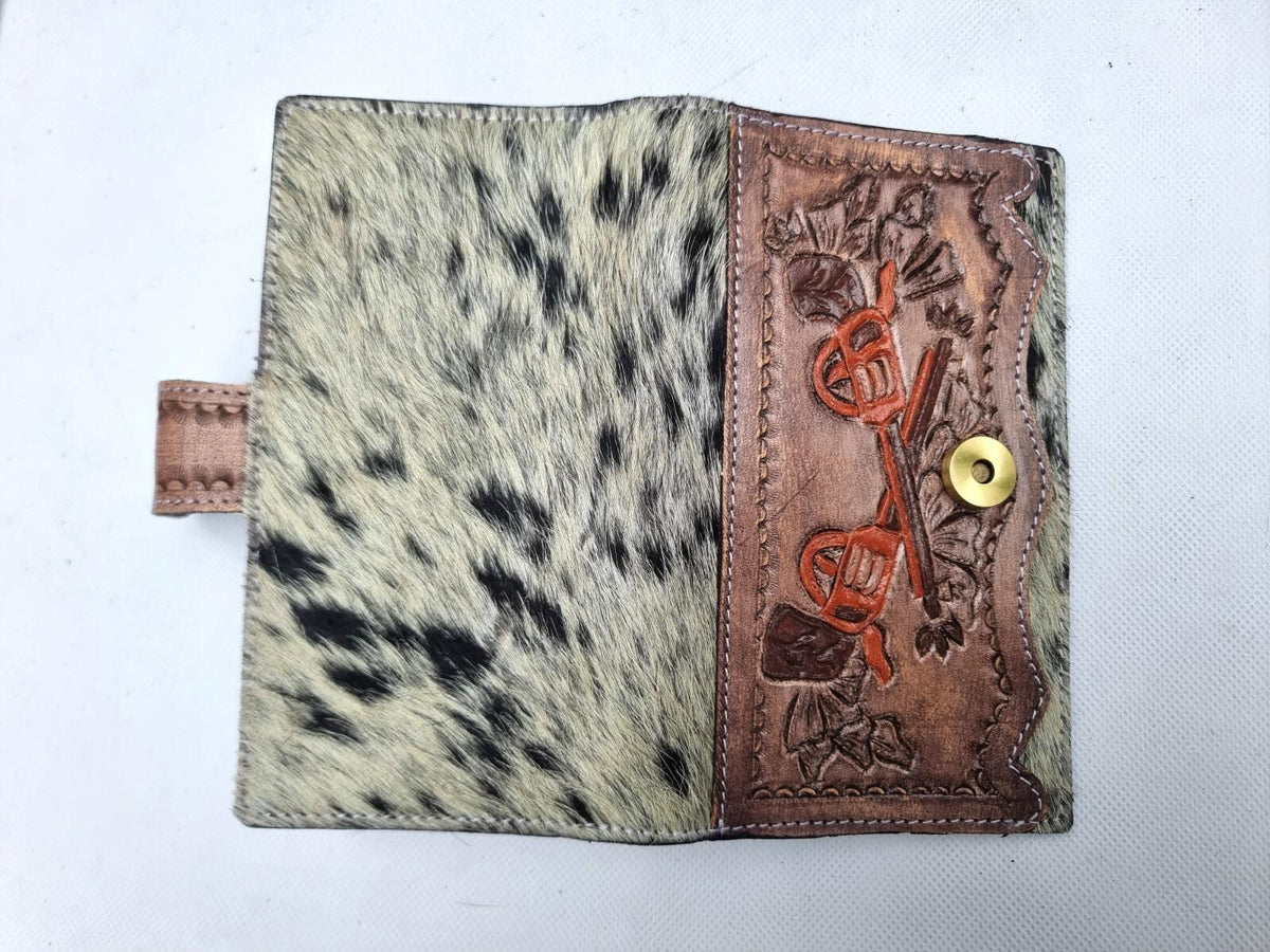 Two Crossed Pistols Leather Wallet - Western Handbag Wallet Set Double Gun - Hand Tooled Leather Bag with Fringe - Real Cowhide Purse