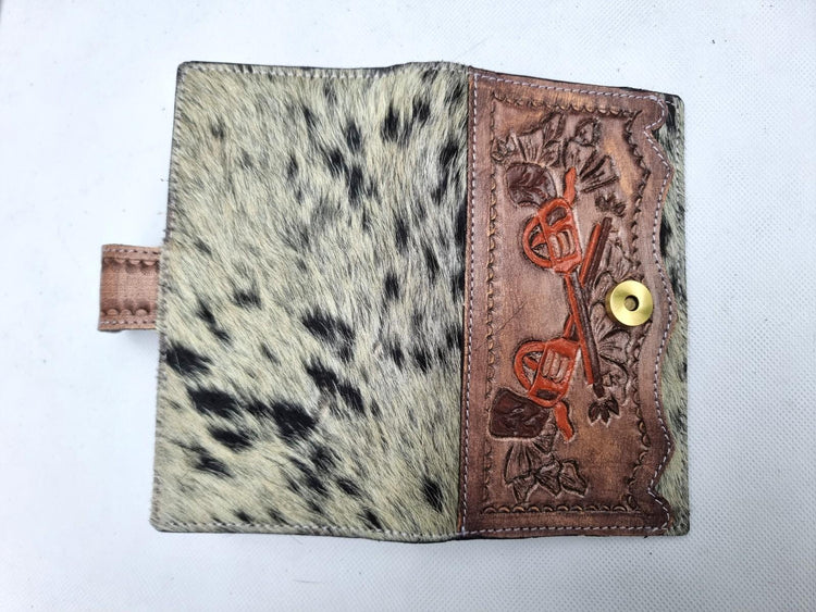 Two Crossed Pistols Leather Wallet - Western Handbag Wallet Set Double Gun - Hand Tooled Leather Bag with Fringe - Real Cowhide Purse