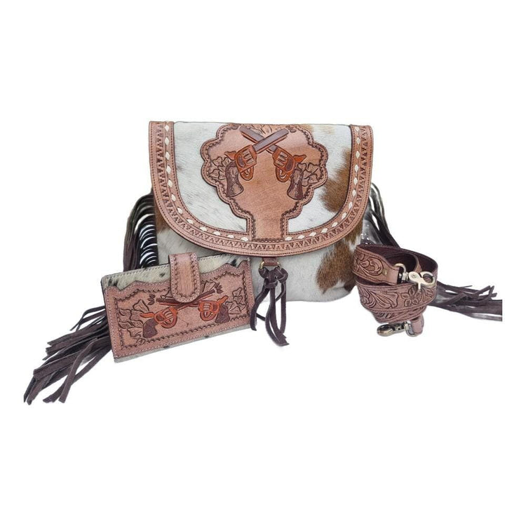 Two Crossed Pistols Leather Wallet - Western Handbag Wallet Set Double Gun - Hand Tooled Leather Bag with Fringe - Real Cowhide Purse