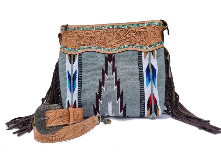 Tooled Leather Fringe Bag: Western Aztec Blanket Purse