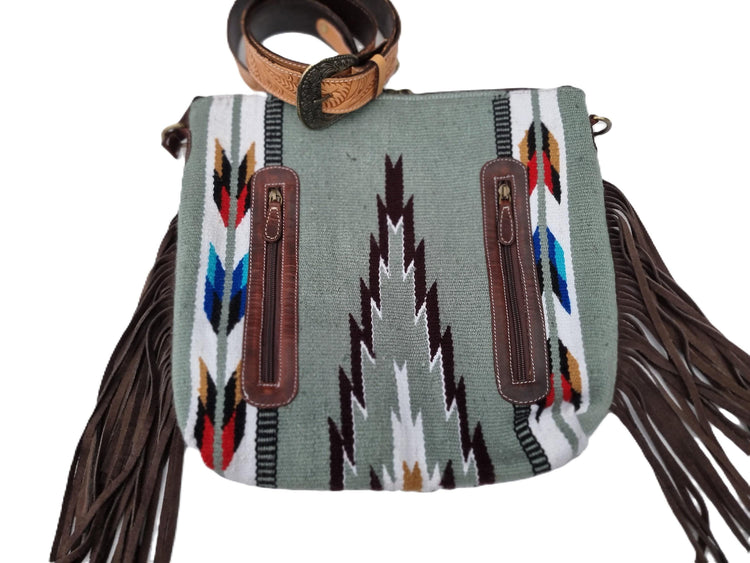 Tooled Leather Fringe Bag: Western Aztec Blanket Purse