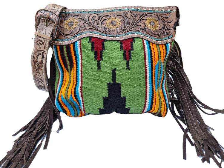 Tooled Sunflower Leather Fringe Purse: Western Aztec Blanket Bag