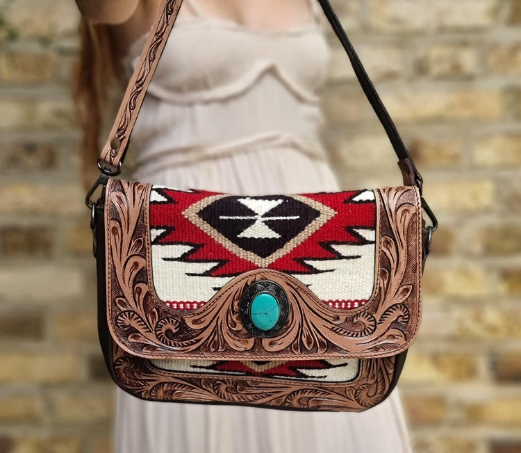 Southwestern Aztec Carpet Bag, Tooled Leather Boho Tote, Cowgirl Shoulder Bag, Western Hippie Travel Bag, Handmade Festival Purse