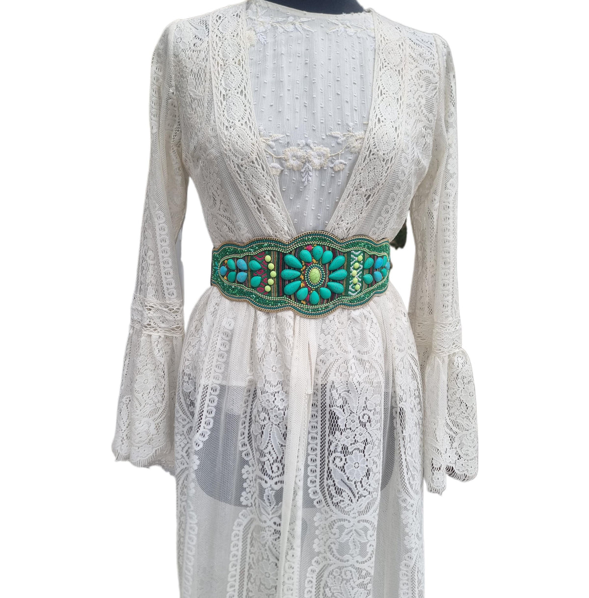 Wide Beaded Turquoise Boho Belt: Woven Aztec Kilim Elastic Waist Belt