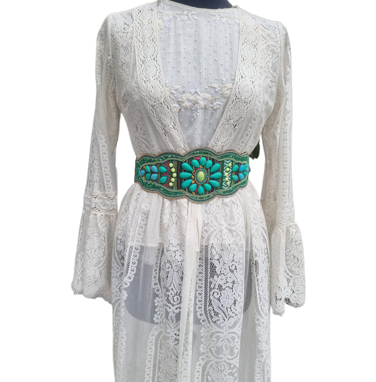 Wide Beaded Turquoise Boho Belt: Woven Aztec Kilim Elastic Waist Belt