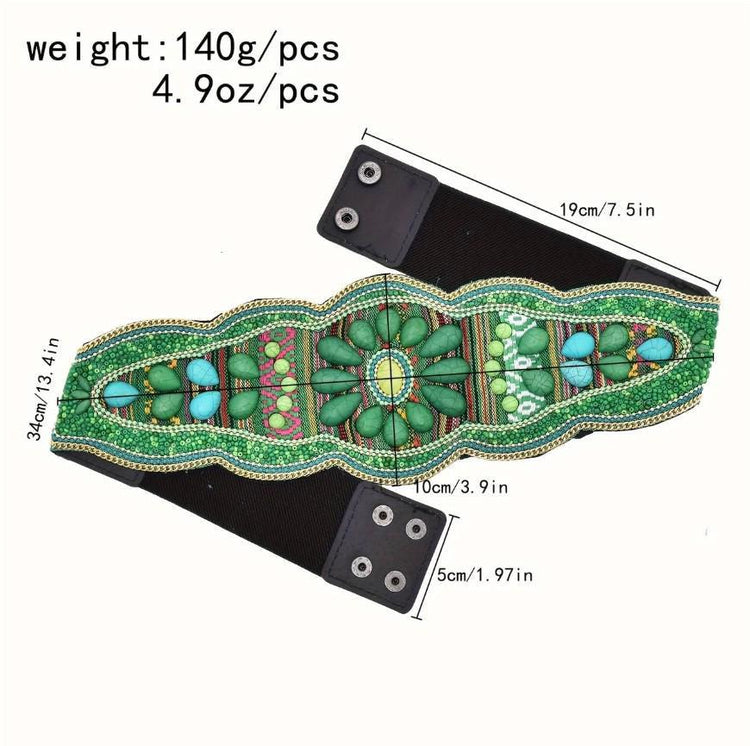 Wide Beaded Turquoise Boho Belt: Woven Aztec Kilim Elastic Waist Belt