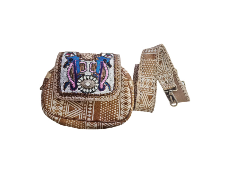 Cowhide leather crossbody bag with seahorse beading | aztec boho handbag | gift for travellers & divers