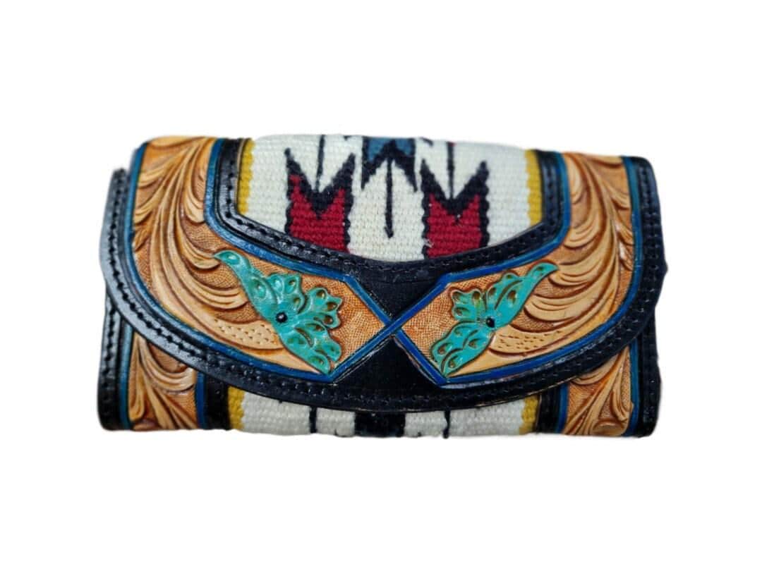 Floral Tooled Buffalo Leather Clutch, Aztec Western Mini Purse with Detachable Strap, Handmade Boho Leather Evening Bag