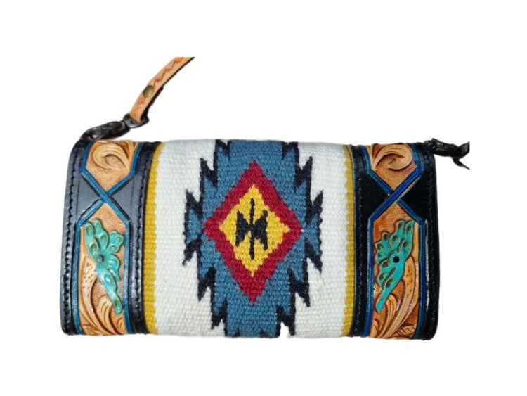 Floral Tooled Buffalo Leather Clutch, Aztec Western Mini Purse with Detachable Strap, Handmade Boho Leather Evening Bag
