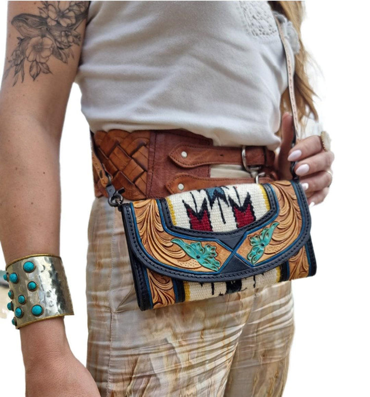 Floral Tooled Buffalo Leather Clutch, Aztec Western Mini Purse with Detachable Strap, Handmade Boho Leather Evening Bag