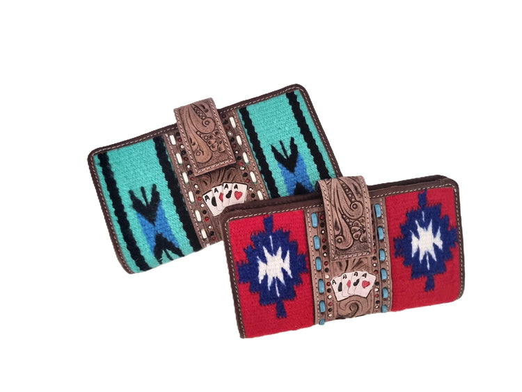 Leather Poker Wallet for Women, Four Aces Western Bifold Purse, Hand Tooled Floral Buffalo Leather, Aztec Boho Cowgirl Gift