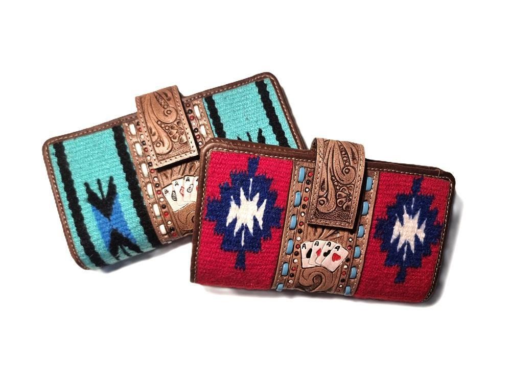 Leather Poker Wallet for Women, Four Aces Western Bifold Purse, Hand Tooled Floral Buffalo Leather, Aztec Boho Cowgirl Gift