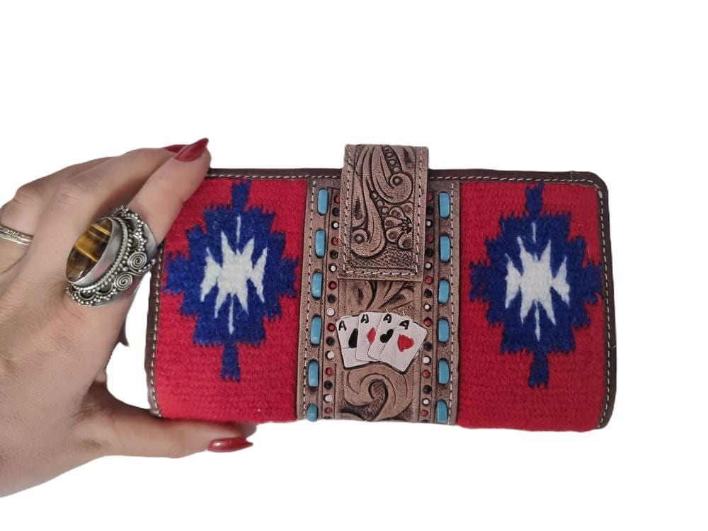Leather Poker Wallet for Women, Four Aces Western Bifold Purse, Hand Tooled Floral Buffalo Leather, Aztec Boho Cowgirl Gift