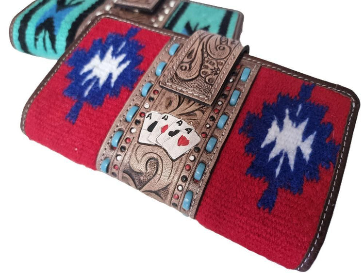 Leather Poker Wallet for Women, Four Aces Western Bifold Purse, Hand Tooled Floral Buffalo Leather, Aztec Boho Cowgirl Gift