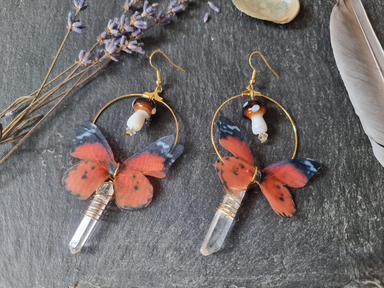 Boho Butterfly Wing Earrings: Fly Agaric Mushroom & Raw Quartz
