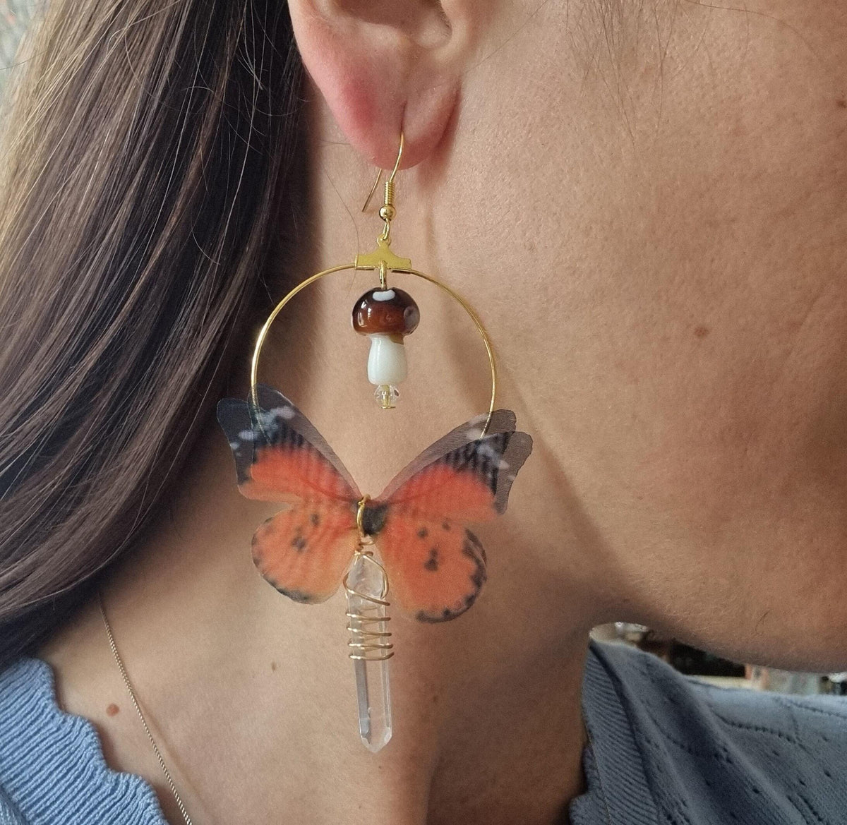 Boho Butterfly Wing Earrings: Fly Agaric Mushroom & Raw Quartz