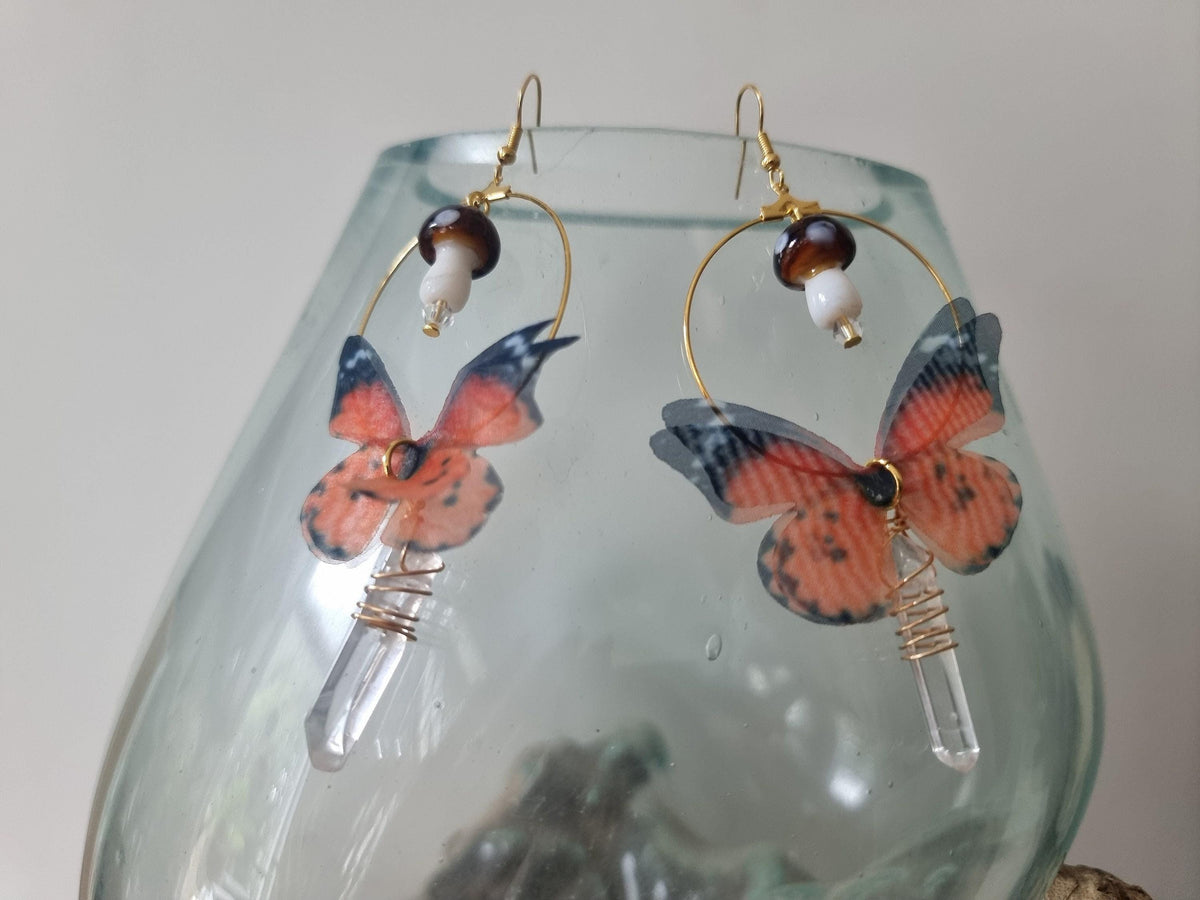 Boho Butterfly Wing Earrings: Fly Agaric Mushroom & Raw Quartz