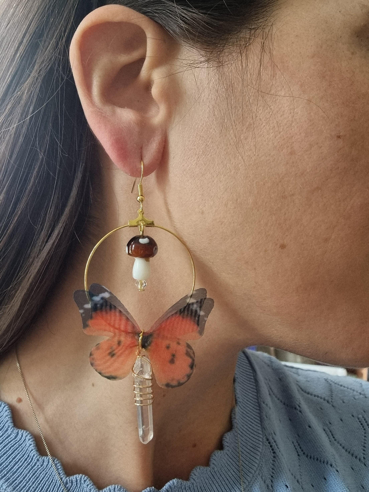Boho Butterfly Wing Earrings: Fly Agaric Mushroom & Raw Quartz