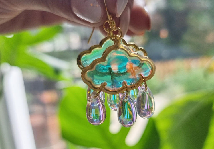 Rain Cloud Drop Earrings – Clear Teardrop Dangle Earrings, Quirky Weather Jewelry, Gold Statement Earrings, Handmade Gift for Her