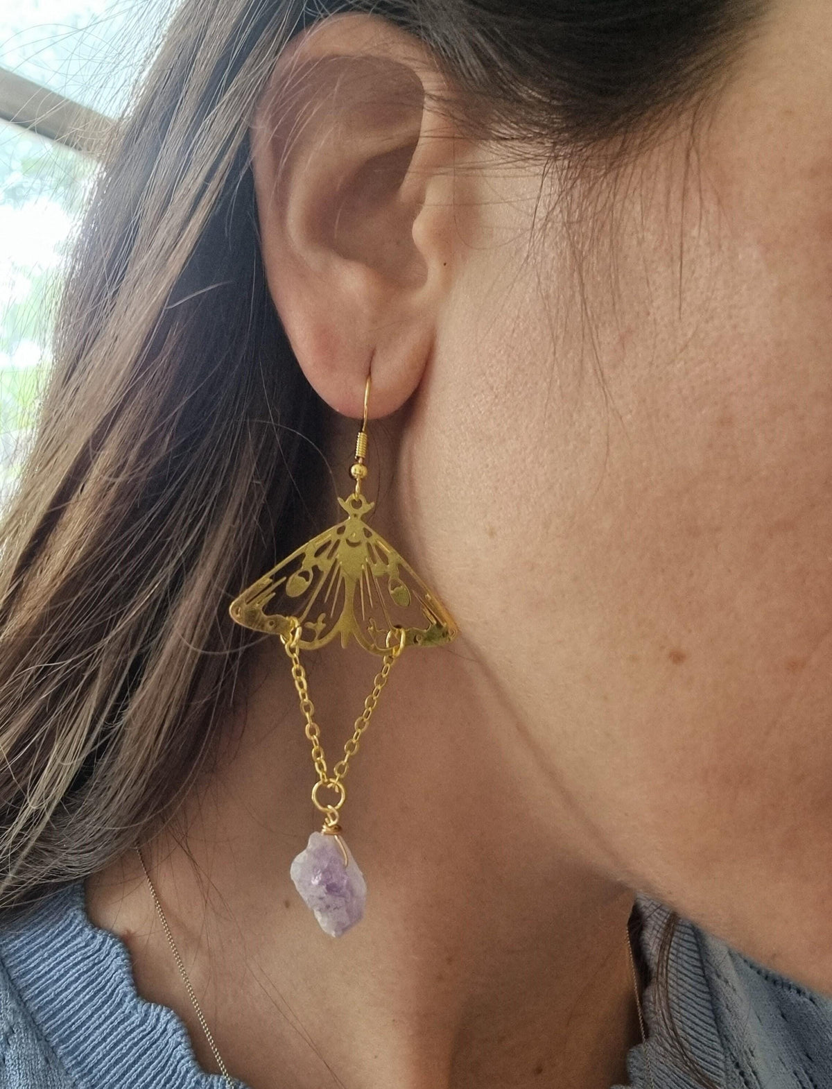 Gold Moth Amethyst Earrings – Raw Crystal Dangle Statement Earrings, Boho Witchy Jewelry, Celestial Hippie Earrings, Gift for Her