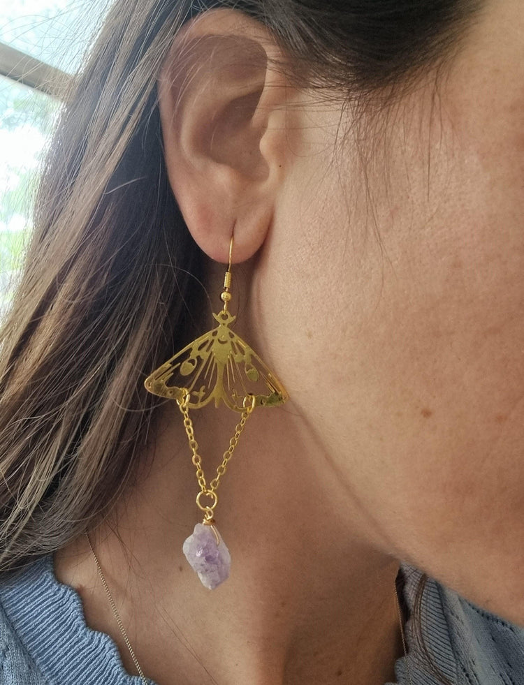 Gold Moth Amethyst Earrings – Raw Crystal Dangle Statement Earrings, Boho Witchy Jewelry, Celestial Hippie Earrings, Gift for Her