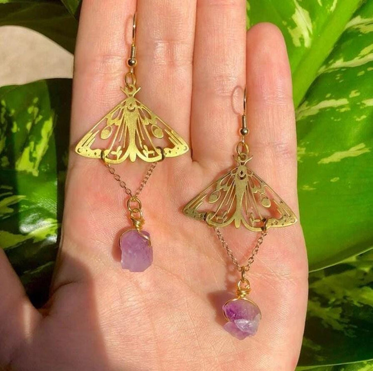 Gold Moth Amethyst Earrings – Raw Crystal Dangle Statement Earrings, Boho Witchy Jewelry, Celestial Hippie Earrings, Gift for Her