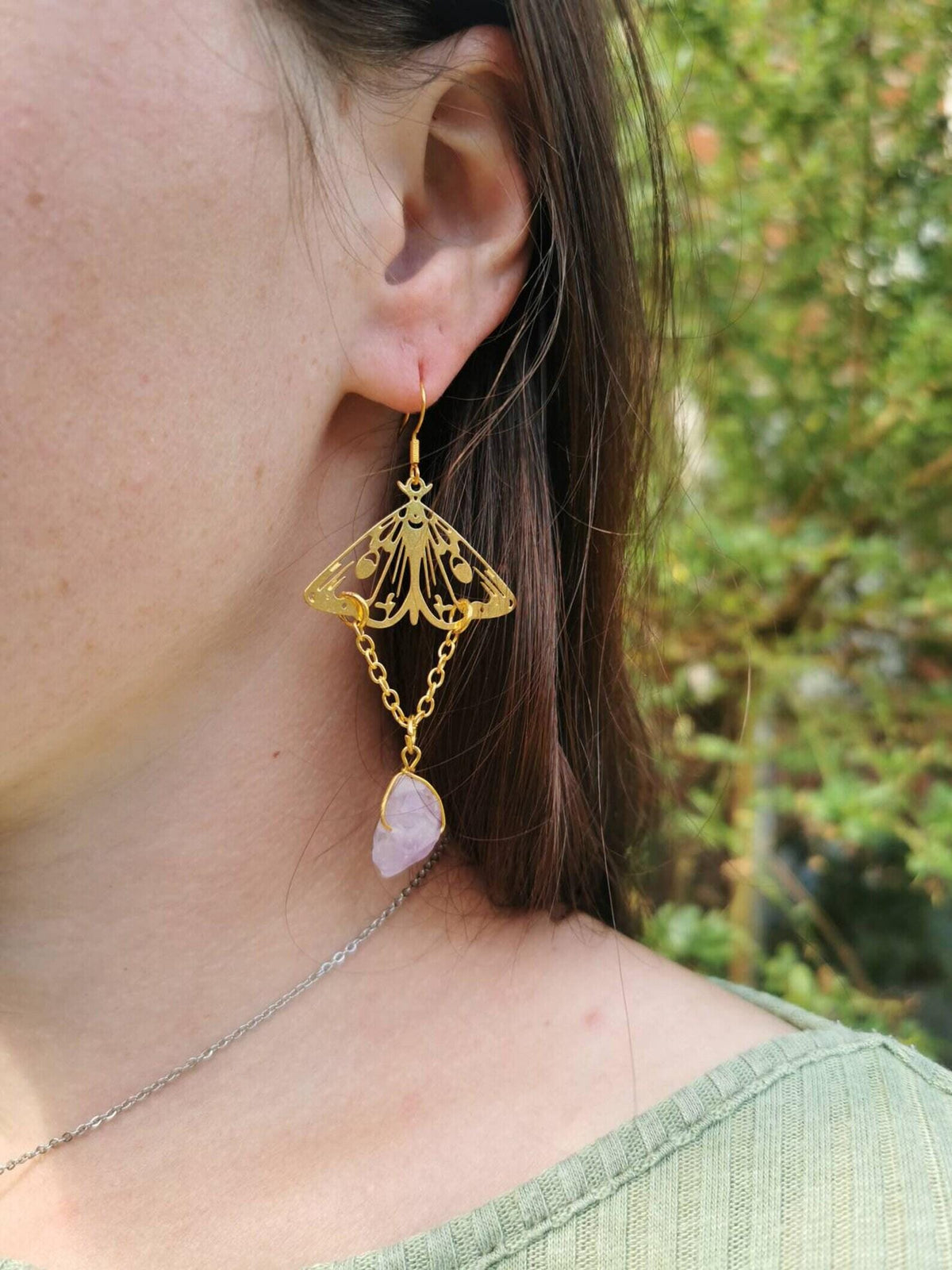 Gold Moth Amethyst Earrings – Raw Crystal Dangle Statement Earrings, Boho Witchy Jewelry, Celestial Hippie Earrings, Gift for Her
