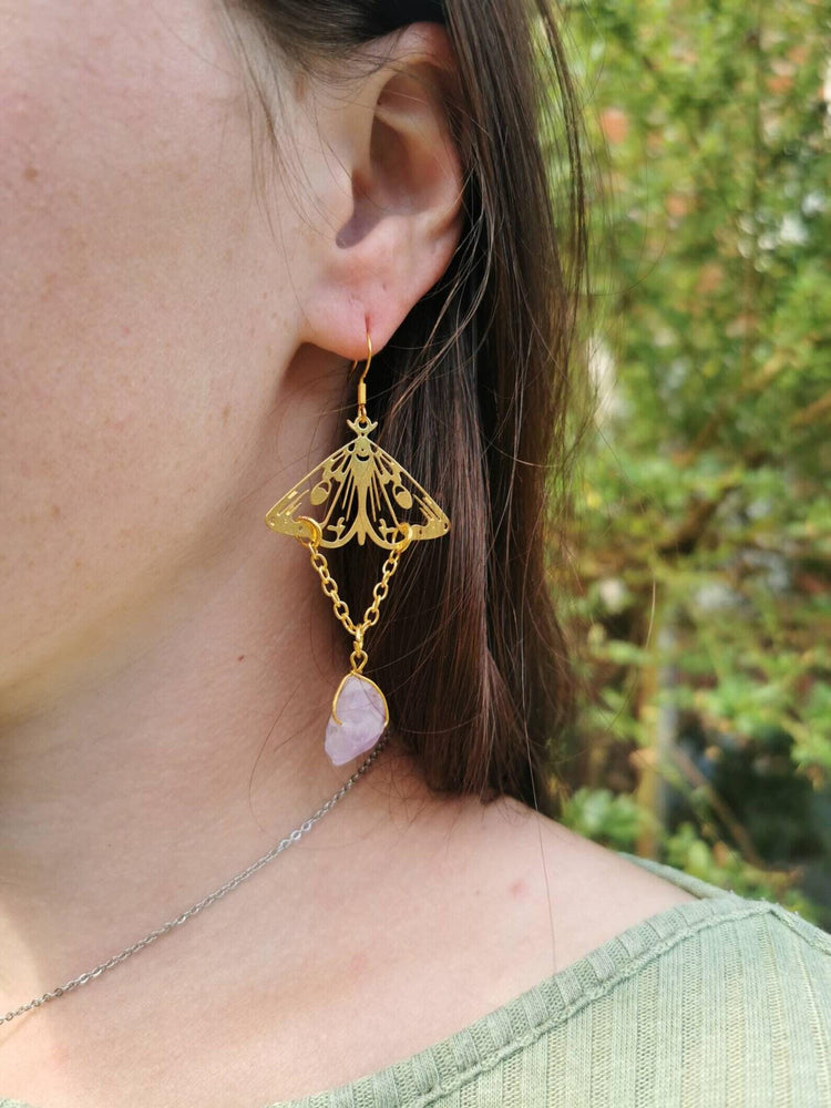 Gold Moth Amethyst Earrings – Raw Crystal Dangle Statement Earrings, Boho Witchy Jewelry, Celestial Hippie Earrings, Gift for Her