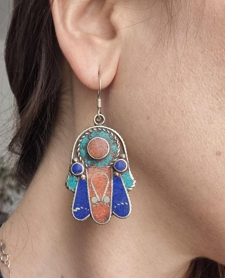 Boho Hamsa Hand Dangle Earrings: Turquoise, Lapis, Coral, 925 Silver